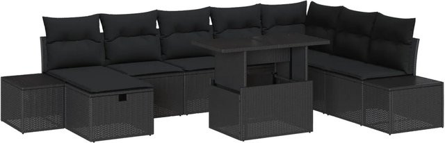 vidaXL Garten-Sofa-Set aus Poly-Rattan in Schwarz mit 9 Teilen und Polsterkissen - Bild 1