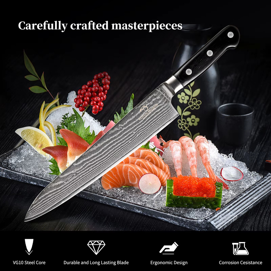 Nanfang Brothers Damaszener Kochmesser aus VG10 Stahl mit 66 Lagen und silbernem ABS-Griff für Sushi und Sashimi - Bild 3