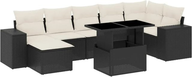vidaXL 8-tlg. Garten-Sofagarnitur in L-Form aus Poly-Rattan und pulverbeschichtetem Stahl mit Kissen in Schwarz und Cremeweiß - Bild 1