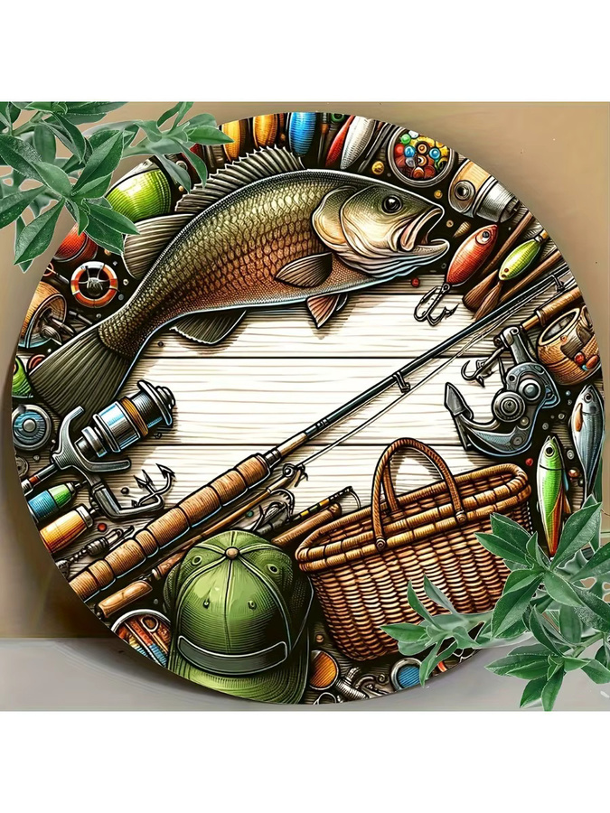 Runde Metall-Wandkunst von Potdemiel mit Barsch-Illustration und Angelausrüstung, dekoratives Aluminiumschild in Mehrfarbig, Durchmesser: 20 cm - Bild 6