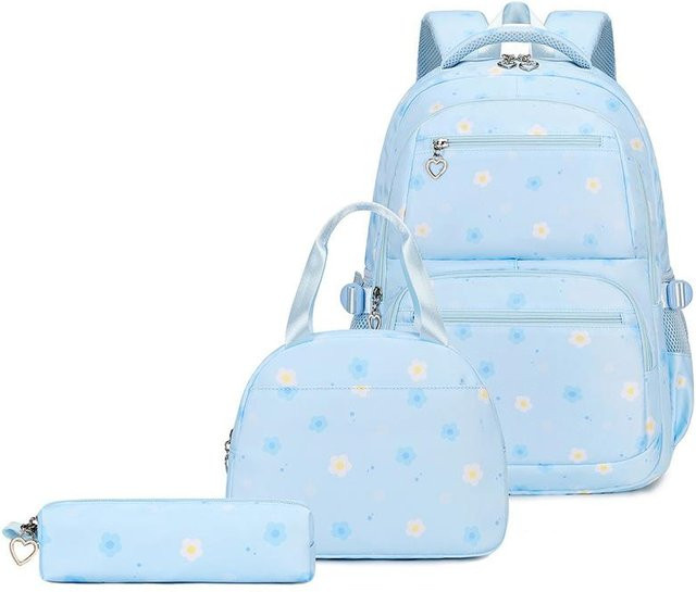 3er Set wasserdichter Schulrucksack für Mädchen und Kinder von Fancy Style Studio in Blau inklusive Lunchtasche und Federmäppchen - Bild 1