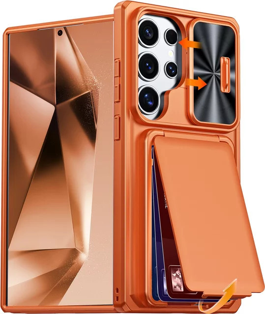 BANGZAO Handyhülle für Samsung Galaxy S24 Ultra mit Kartenhalter und RFID-Blockierung, stoßfeste Militär-Schutzhülle mit Kameraabdeckung, Orange - Bild 1