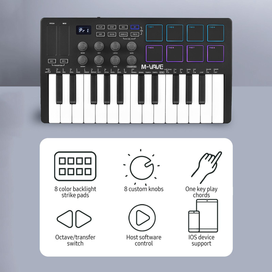 M-VAVE Mini MIDI-Controller mit 25 Tasten, tragbare USB und Bluetooth Musik-Steuerungstastatur in Schwarz - Bild 8