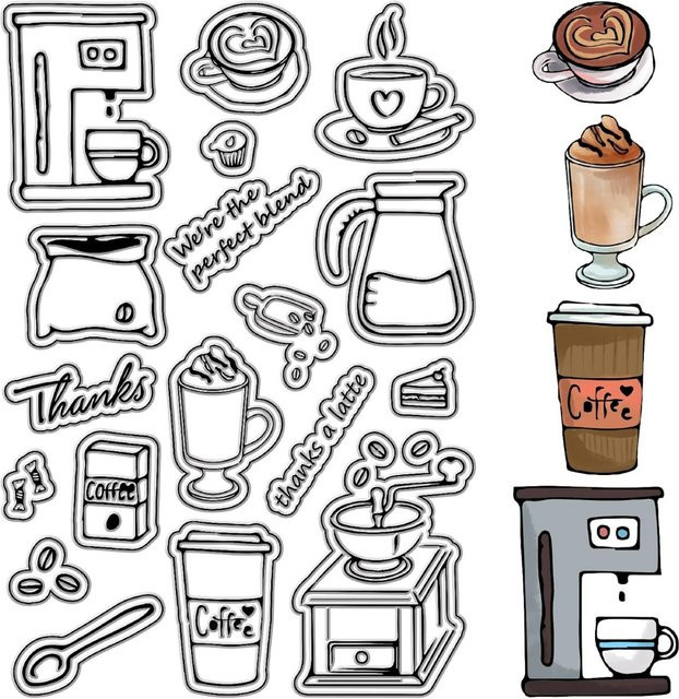 Transparente Silikon-Stempel mit Vintage-Kaffeemaschine und Text für Journaling und Karten - Bild 1