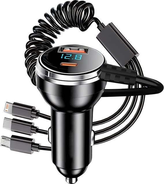 4-in-1 USB-Autotelefon-Ladegerät-Adapter mit einziehbarem Kabel, LED-Spannungsmonitor und USB-C sowie USB-A Anschlüssen in Schwarz für iPhone, Samsung und Huawei - Bild 1