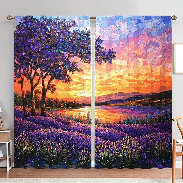 2er-Set Buntglas Vorhang mit Lavendel- und Blumenmuster, Lila und Orange, B/H: 52,5 x 116 cm - Bild 1