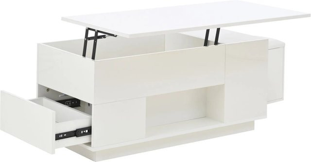 okwish Couchtisch höhenverstellbar mit LED und 2 Schubladen in Weiß, B: 100 cm, T: 50 cm, H: 45 cm - Bild 1