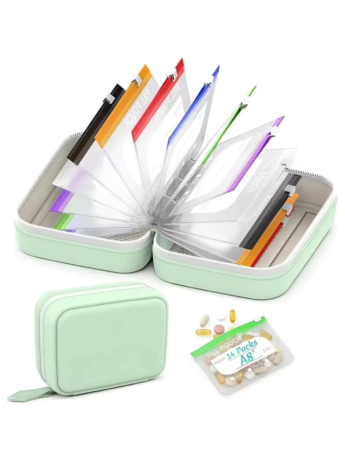A8 Pillen-Organizer-Set, 7 Tage, 14 farbcodierte Beutel, wasserdicht - Bild 1