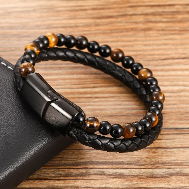 Charm Herren Armband aus Leder, Naturstein und Edelstahl in Schwarz mit Magnetverschluss - Bild 1