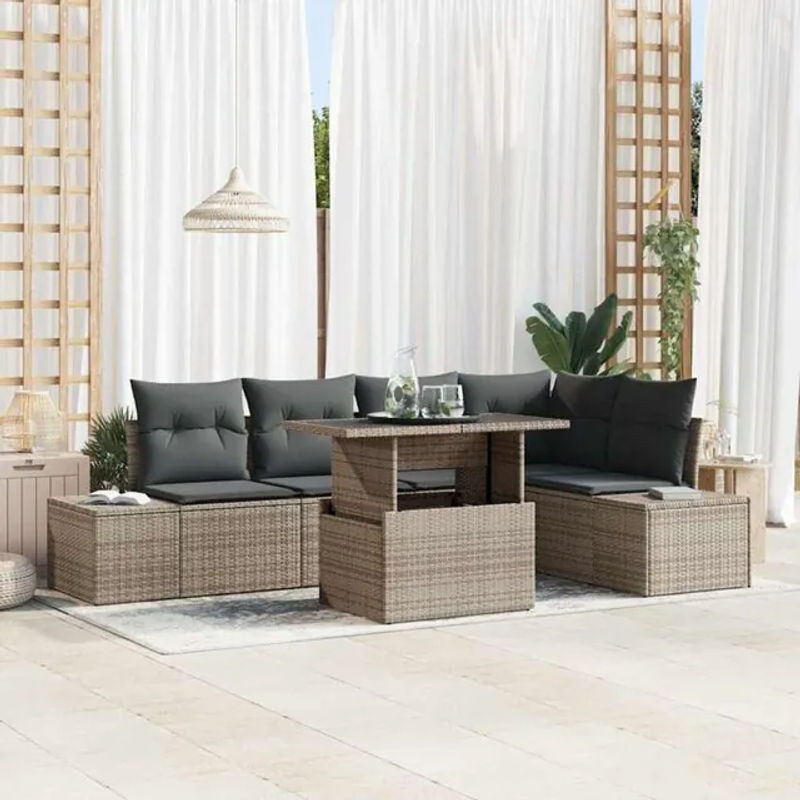 6-teiliges Garten Sofa Set von vidaxl in Grau aus Polyrattan mit Polyesterkissen und Gartentisch als moderne Loungemöbel - Bild 1