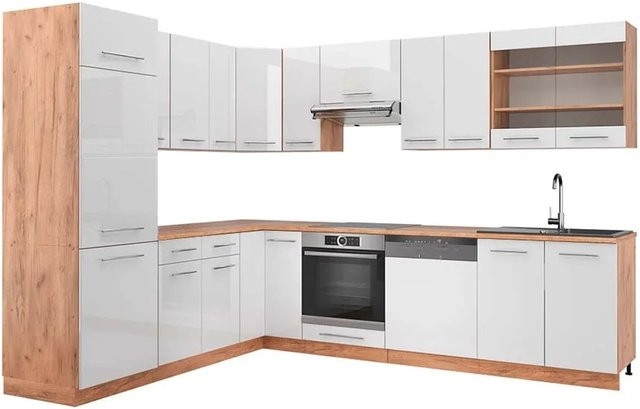 Vicco Fame-Line Eckküche in Weiß Hochglanz und Goldkraft Eiche, moderne Einbauküche mit Soft-Close-Türen, B/T/H: 227 x 287 x 82 cm - Bild 1