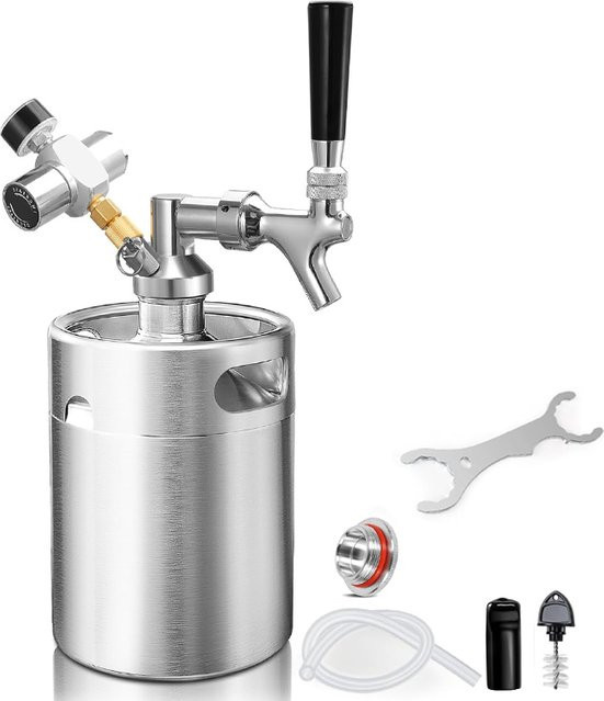 ELECQUEEN Mini-Fass-Wachstumsset aus Edelstahl in Silber mit 2L Volumen, CO2-Ladegerät (0-60psi) und selbstschließendem Wasserhahn zur Herstellung von kohlensäurehaltigem Bier - Bild 1