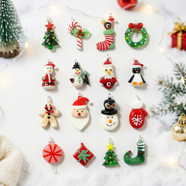 2er Set bunte Glas Weihnachtsanhänger mit Motiven wie Schneemann, Tieren und weihnachtlichen Symbolen zum Aufhängen - Bild 1