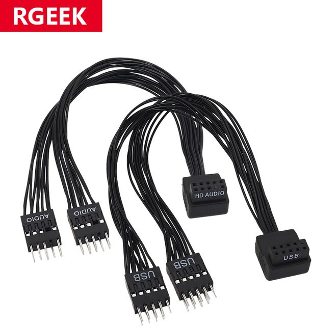 RGEEK Motherboard USB und HD Audio Verlängerungskabel 9Pin Y-Splitter mit 1 Buchse auf 2 Stecker in Schwarz für dein PC DIY - Bild 1