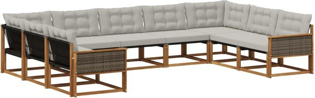vidaXL Outdoor-Sofagarnitur in U-Form aus massivem Akazienholz mit 9 Kissen in Beige und Grau - Bild 1