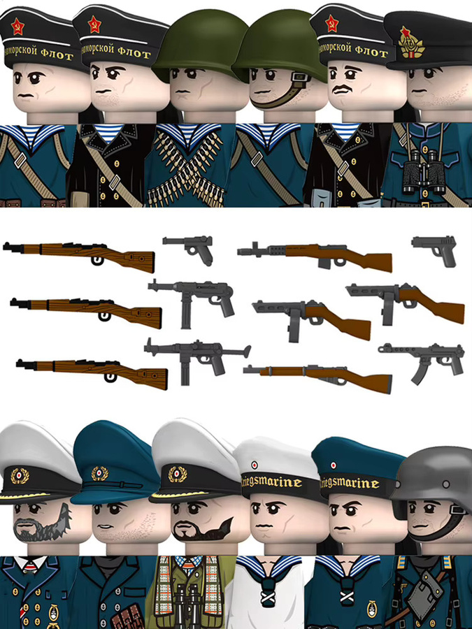QUANGUAN WW2 Military Navy Serie Soldaten Figuren Bausteine Sowjetunion Krieger Infanterie und Offizier mit gedrucktem Helm, Mehrfarbig - Bild 2