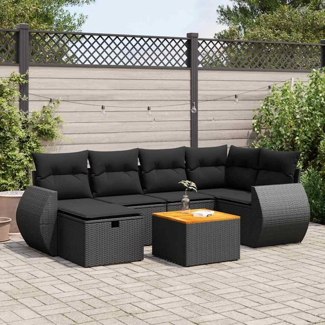 vidaXL 7-teilige Garten-Sitzgruppe in L-Form mit Kissen, Schwarz, Polyrattan und Akazienholz - Bild 3