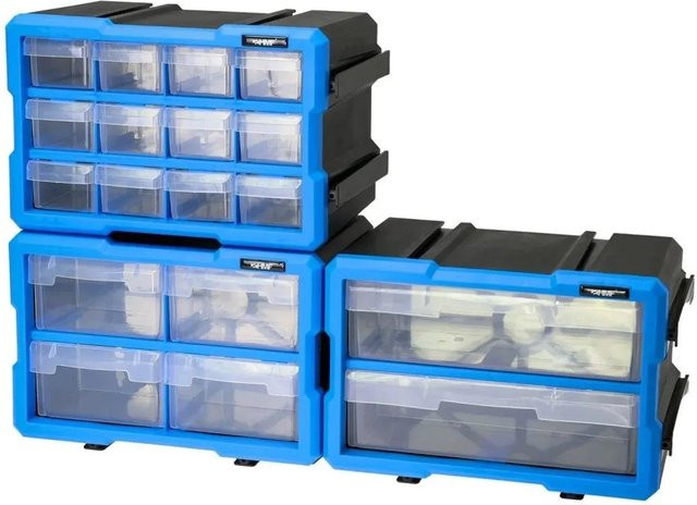 HMF STK200-S3-05 Sortierbox 3er Set Kleinteile Schubladen, erweiterbarer Sortimentskasten mit 36 Fächern, transparent und blau, B/T/H: 29,5 x 19,5 x 16,0 cm - Bild 1