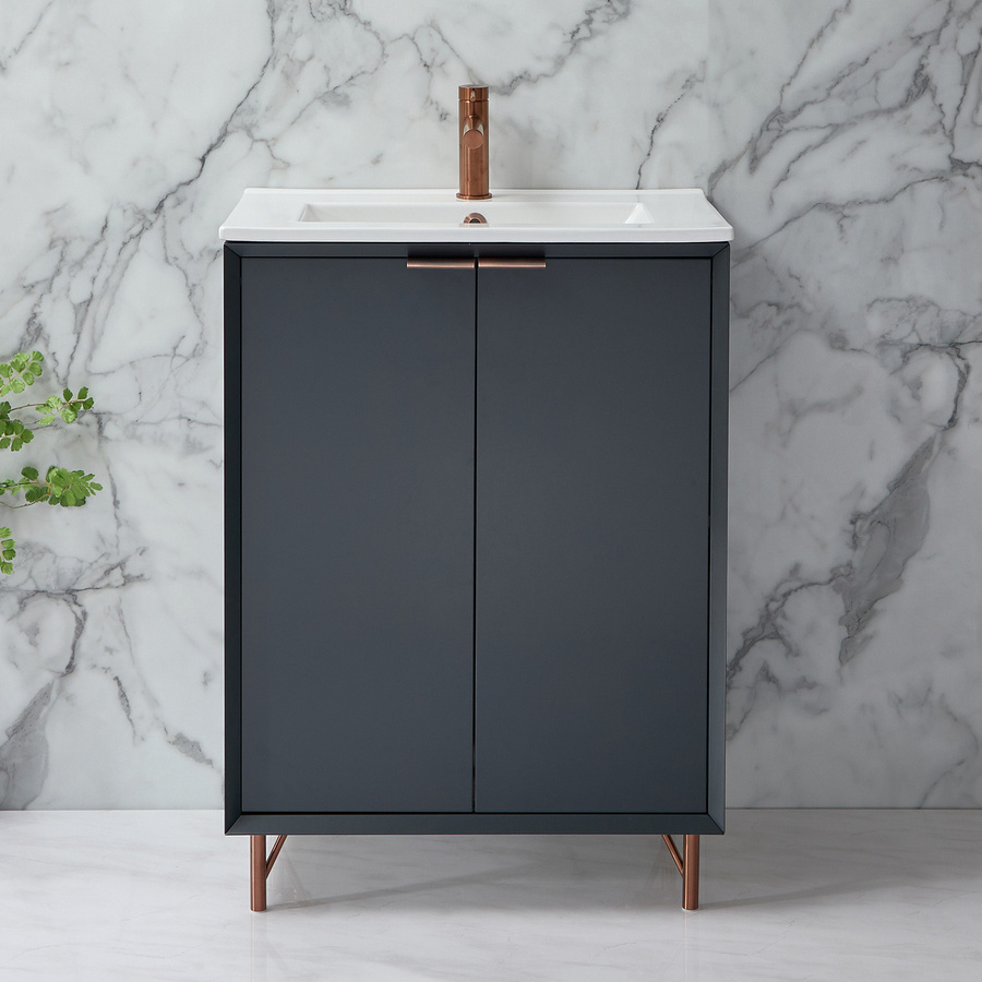 Waschtischunterschrank mit Waschbecken HudsonReed Edge in Anthrazit mit Fingergriffen in satiniertem Kupfer und Soft-Close-Türen, Breite: 61 cm - Bild 1