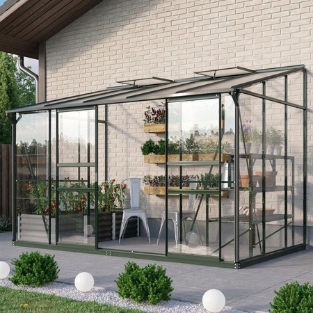 Vitavia Anlehn-Gewächshaus Osiris 6500 in Smaragdgrün mit 6,5 m² Fläche, Pultdach und Doppel-Schiebetür aus Aluminium und Sicherheitsglas