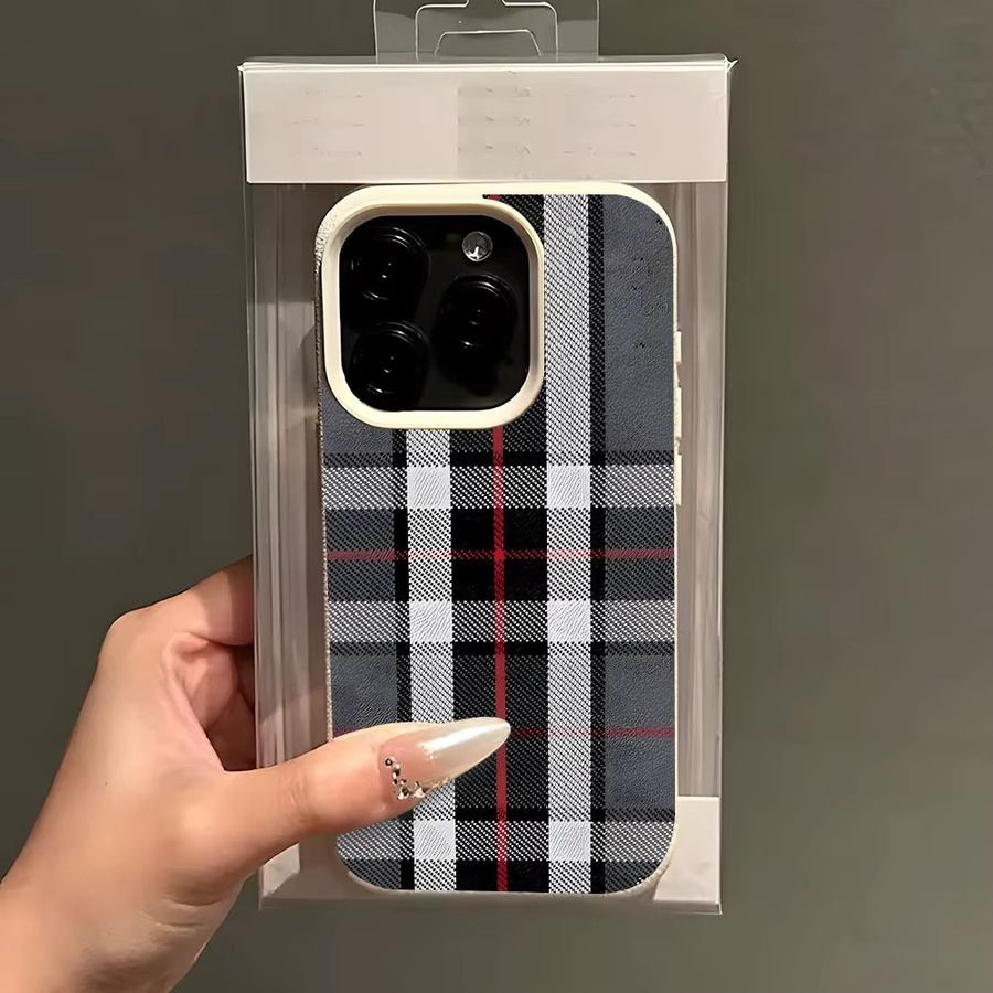 Stoßfeste Handyhülle mit Vintage Kariertem Lychee-Muster für Apple iPhone 11 bis 17 Pro Max, Pink/Multicolor - Bild 4