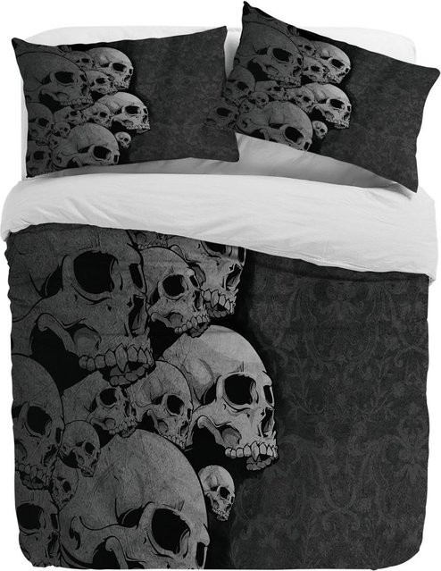JMG Household Supplies 3-teiliges Bettwäscheset Totenkopf mit Kissenbezug, Grau, B/H: 135 x 200 cm - Bild 1
