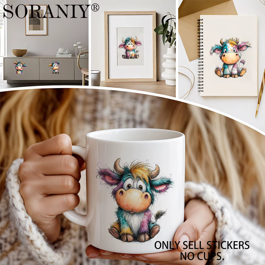 UV DTF DIY Transferaufkleber Highland-Kuh Camping-Motiv, 5er Set, Multicolor, für 16oz Becher - Bild 4