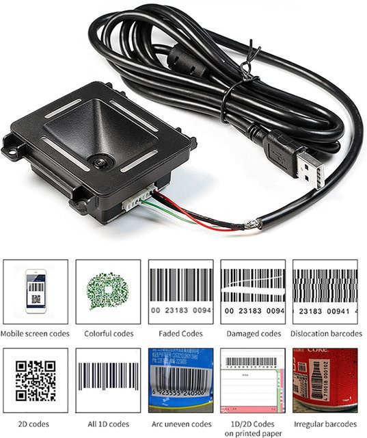 Painter Eingebetteter Barcode-Scanner mit Selbstinduktion für 1D und 2D QR-Codes, USB-Anschluss, Schwarz - Bild 1