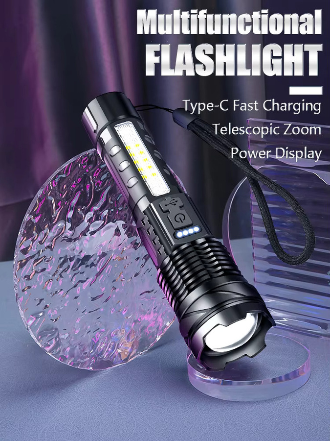 KDULIT LED COB Taschenlampe aus Aluminium, USB wiederaufladbare Hochleistungs-Taschenlampe mit Zoom für Outdoor, Camping und Notfälle, Schwarz - Bild 7