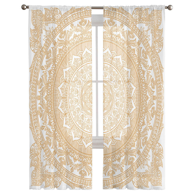 Boho-Vintage-Mandala-Blumen-Fenstervorhänge von A Family Of Home Textiles aus transparentem Chiffon-Tüll in Beige, Breite: 135 cm, Höhe: 160 cm - Bild 3