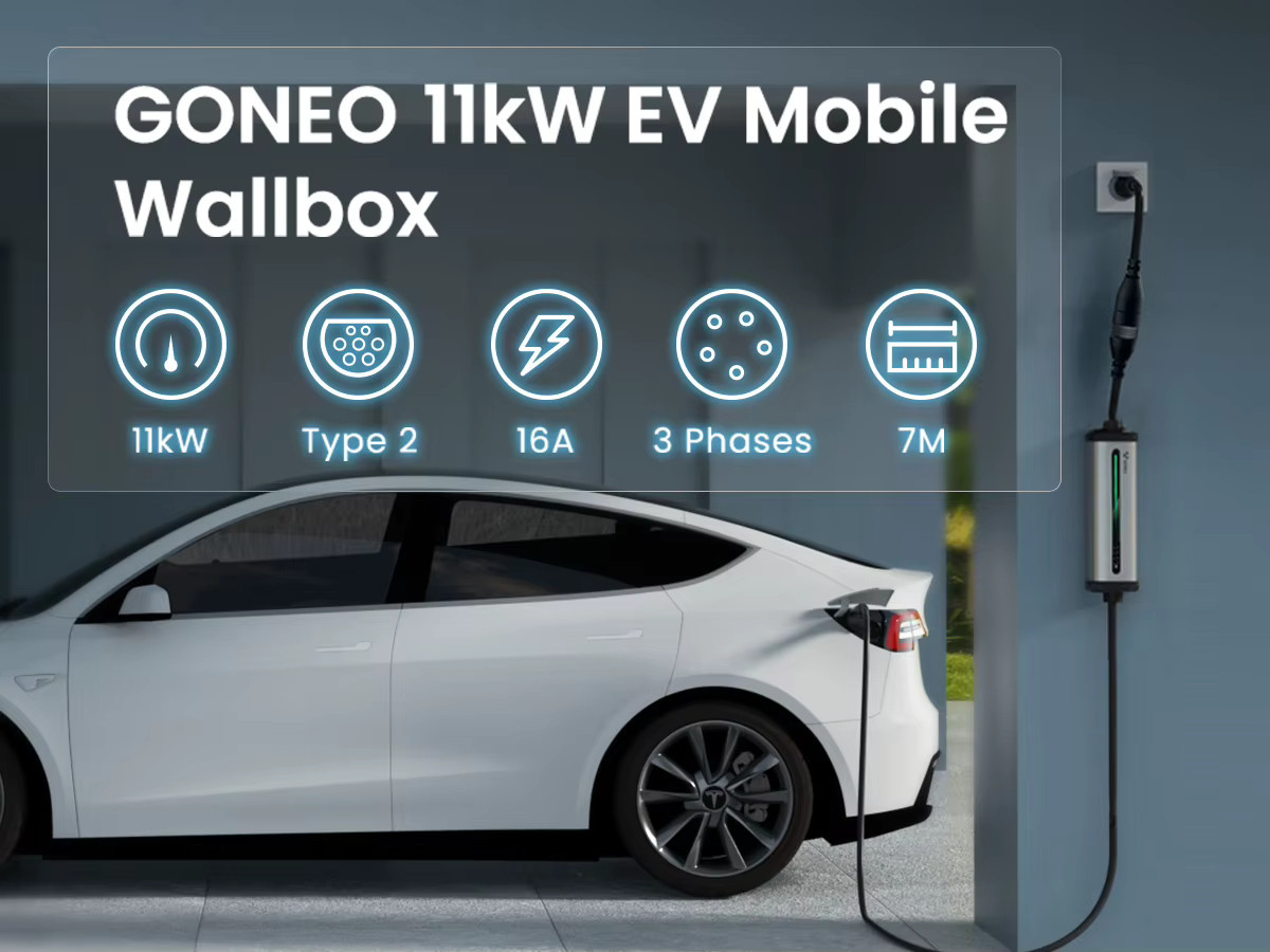 GONEO Mobile Wallbox Ladestation mit Typ 2 CEE-Stecker und Schuko-Stecker, Mobile EVSE mit 11kW/7kW, 16A/32A, IP66 und 7m Kabel für Modell Y/3 und ID3/4/5 - Bild 2