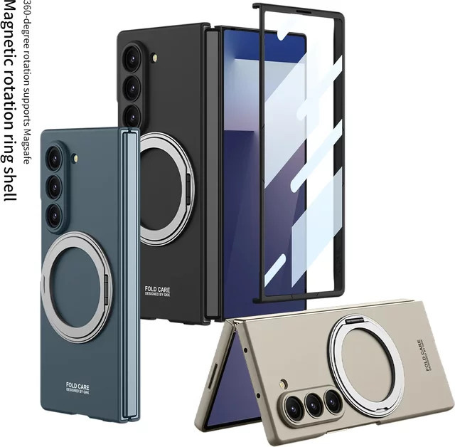 Magnetische und drehbare Schutzhülle für Samsung Galaxy Z Fold 7 und Z Fold 6 mit kabelloser Ladefunktion und gehärtetem Schutzfilm in Schwarz - Bild 1