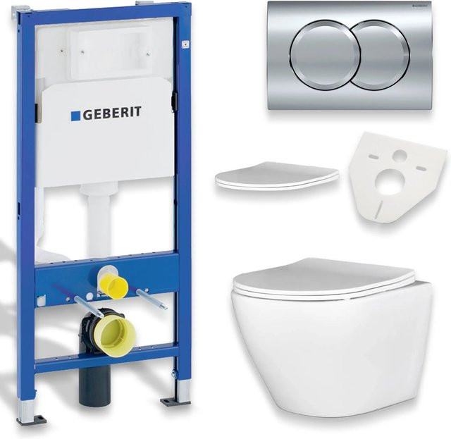 Geberit Bad Land WC Set mit Duofix Vorwandelement, ROLO Toilette in Weiß und Spülplatte in Chrom - Bild 1