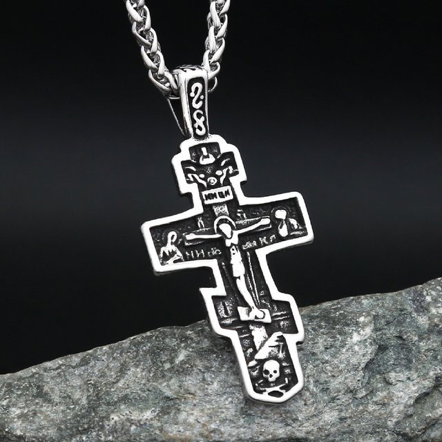 owlucky Halskette, Jesus Kreuz Kruzifix Anhänger, Edelstahl, Silber, Unisex - Bild 1
