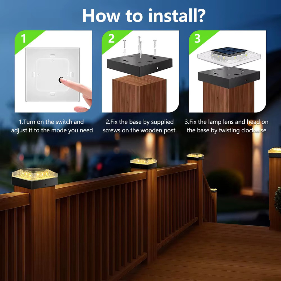 Solar-Pfostenkappenleuchten für den Außenbereich in Schwarz mit 3 Farbmodi, IP65 wasserdicht, für Holz- und Vinylpfosten, Set mit 1 oder 4 Stück - Bild 4