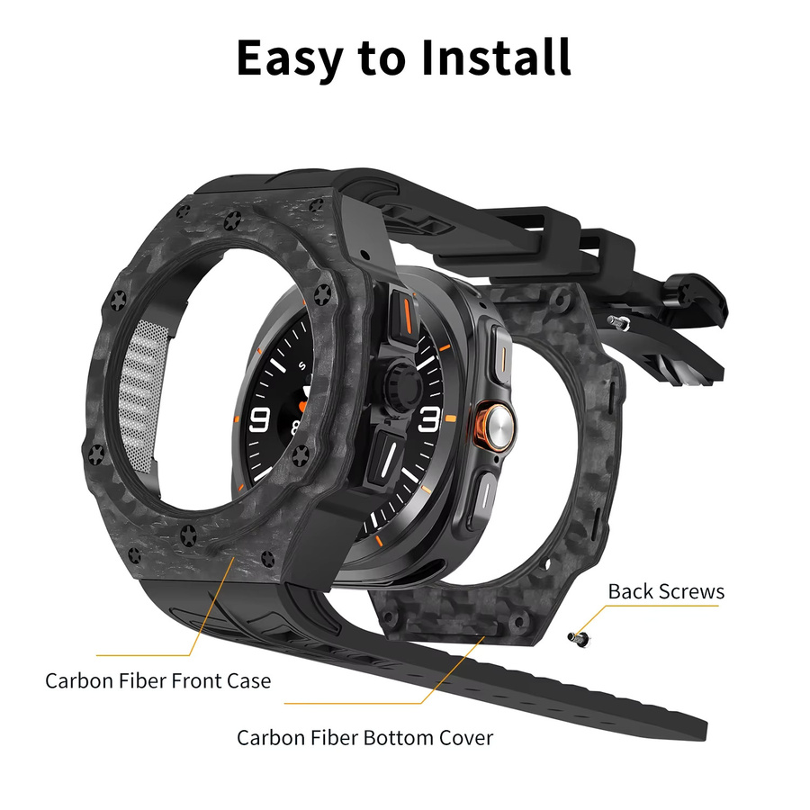 CAOWTAN Carbon-Faser Modifikationskit für Samsung Galaxy Watch Ultra 2025 mit Carbon-Gehäuse und Gummiarmband in Schwarz - Bild 2
