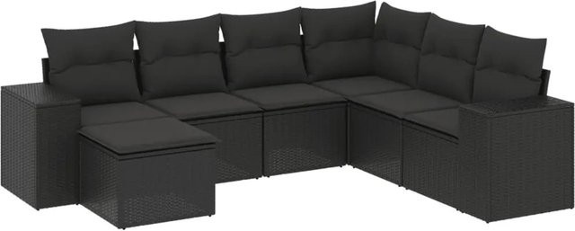 vidaXL 7-teilige Garten-Sofagarnitur in L-Form aus schwarzem Poly-Rattan mit Kissen und pulverbeschichtetem Stahlgestell - Bild 1