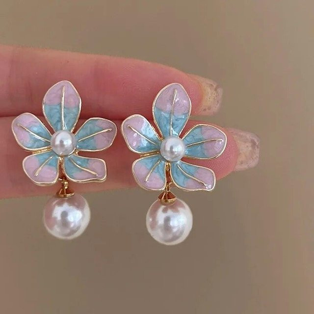 Ohrringe Blumen Perlen, Rosa Blau, Damen - Bild 1