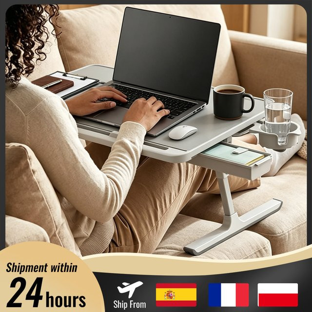 HGTUGO Klappbarer Computertisch in Weiß, Höhenverstellbarer Laptoptisch mit neigbarer Platte und 8 Stufen, Multifunktionaler Schreibtisch für Bett und Home Office, Tragkraft 15 kg - Bild 1