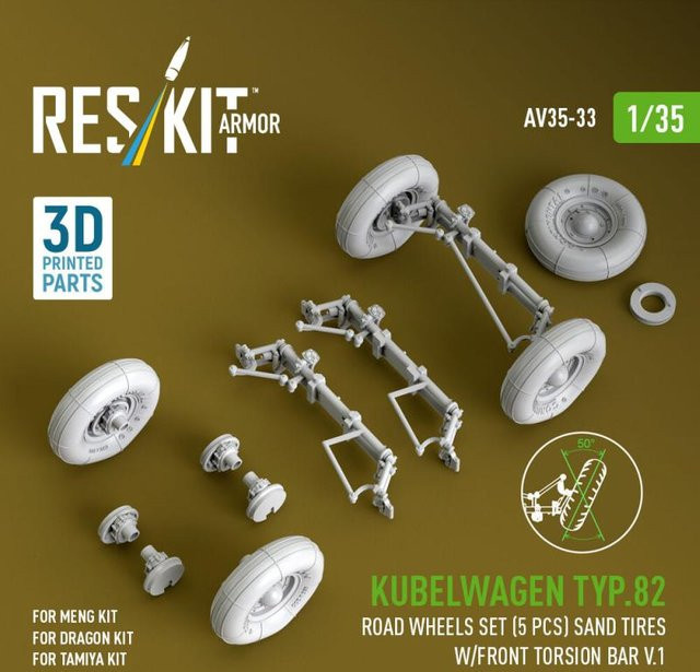 ResKit Models Kubelwagen typ.82 Road wheels set, 5-teiliges Set, sand tires w/front torsion bar V.1, 3D Printed - Bild 1