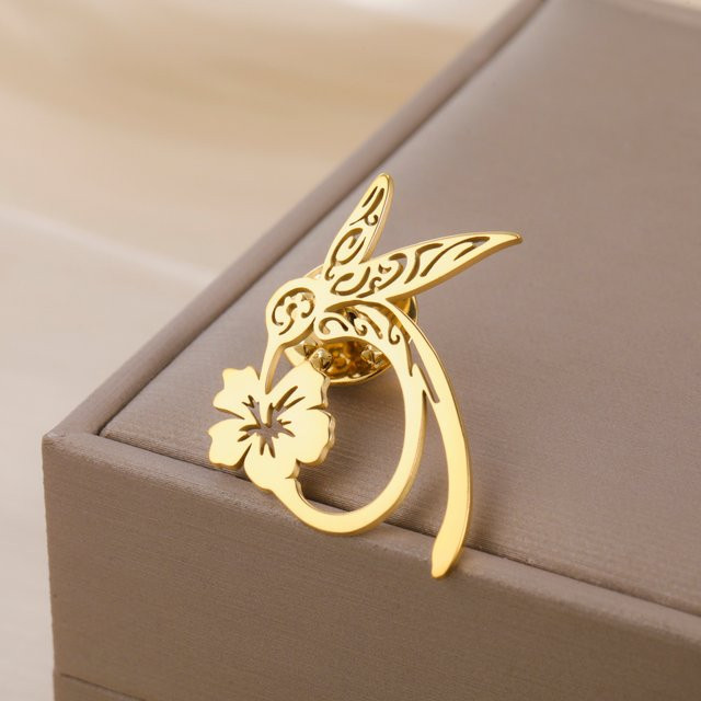 Skyrim Brosche Kolibri Blume, Edelstahl, Gold, Damen - Bild 1