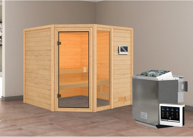 Karibu Massivholzsauna Tabea mit BioKombiofen und externem Steuergerät in Natur Braun B/T/H: 196 x 196 x 187 cm - Bild 1