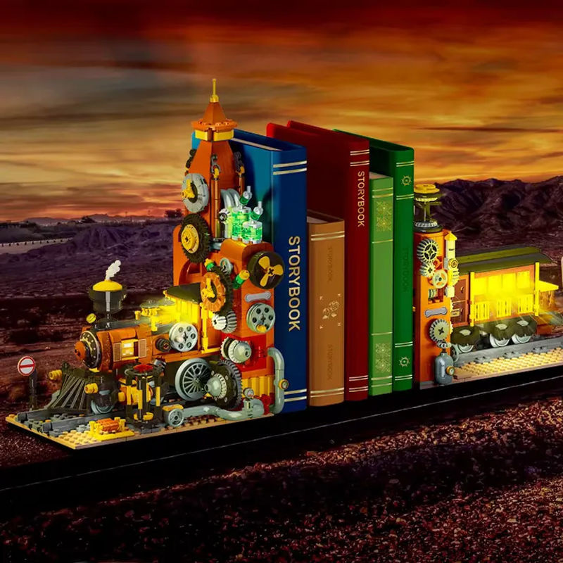 Steampunk Zug Buchstütze Modell mit Licht aus 1252 Bausteinen, pädagogisches MOC Spielzeug für Kinder in Orange - Bild 4