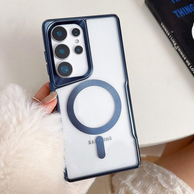 Vergoldetes magnetisches transparentes Case für Samsung Galaxy S25 Ultra S24 Plus S23 S22, stoßfeste Armor Bumper Cover mit kabellosem Laden, Farbe: Grau - Bild 1
