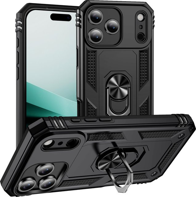 Stoßfeste faltbare Rüstungshülle mit Ständerhalter und Ringabdeckung für iPhone 17 Pro Max, iPhone 17 Pro und iPhone 17 Air in Schwarz von CYYWN - Bild 1
