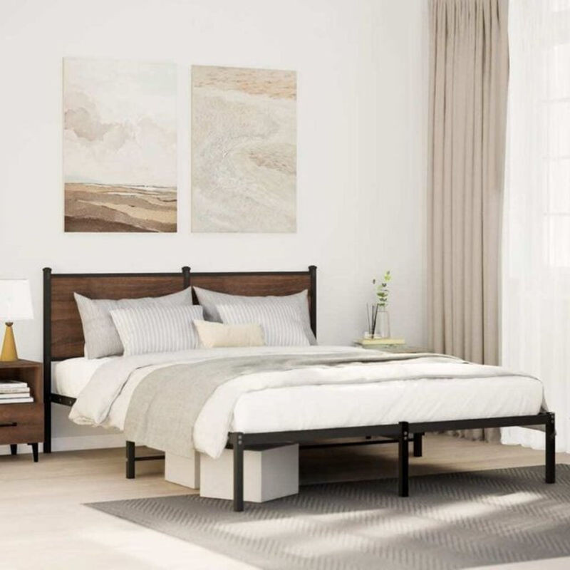 Metallbett vidaxl in Braun mit Eichen-Optik, B/T/H: 150 x 200 x 91,5 cm - Bild 1