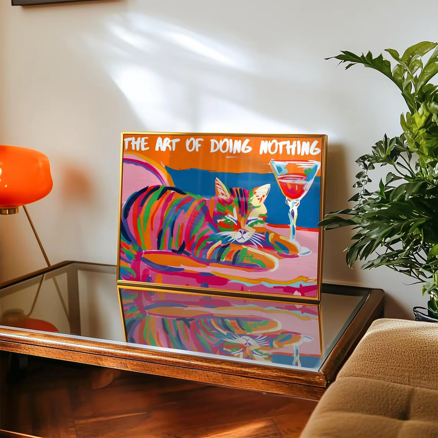Pop Art Wandbild The Art of Doing Nothing mit bunter Katze und Martini, abstrakter Wall Art Print in Multicolor - Bild 2