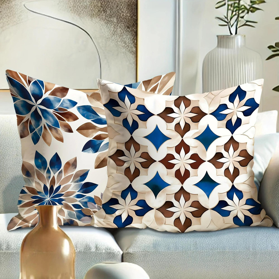 Tinika Chen Kissenbezug mit floralem und geometrischem Plüschdruck in Blau und Braun, B/H: 18 x 18 cm - Bild 4