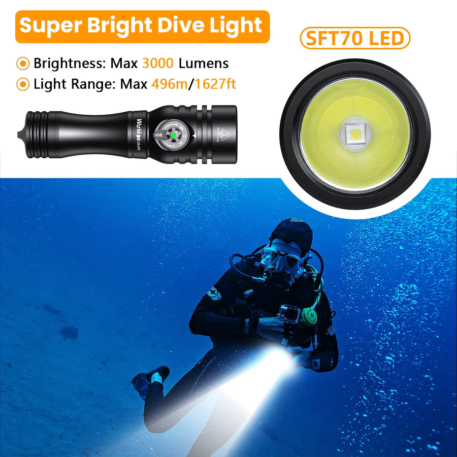 Wurkkos DL02 IP68 Tauchlampe in Schwarz mit 3000 Lumen und wiederaufladbarem Akku - Bild 5