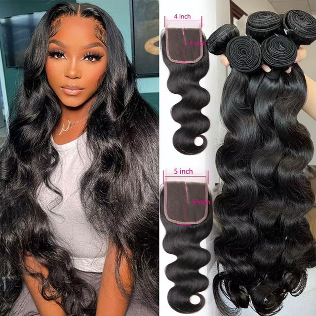 Body Wave Remy Haar Extensions, 100% menschliches Haar, mit transparentem Verschluss - Bild 1